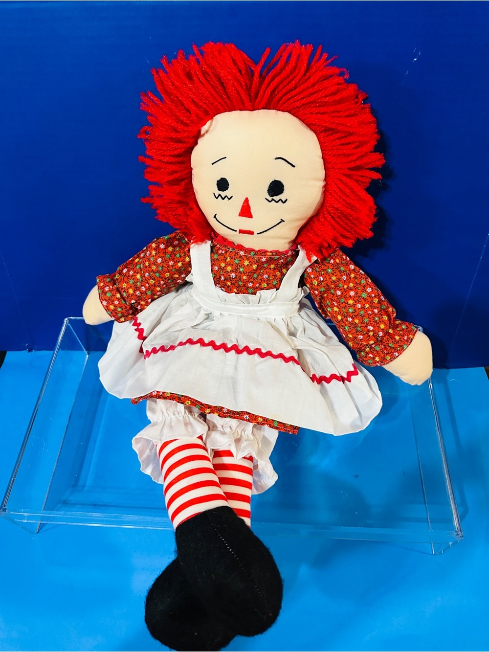 Raggedy Ann Vintage Handmade RagDoll w/Red Calico Floral Dress & White Apron 26”